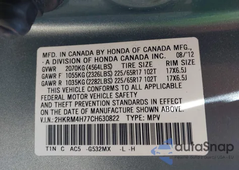 2012 Honda Cr-V Ex-L z USA, uszkodzony, nr VIN 2HKRM4H77CH630822